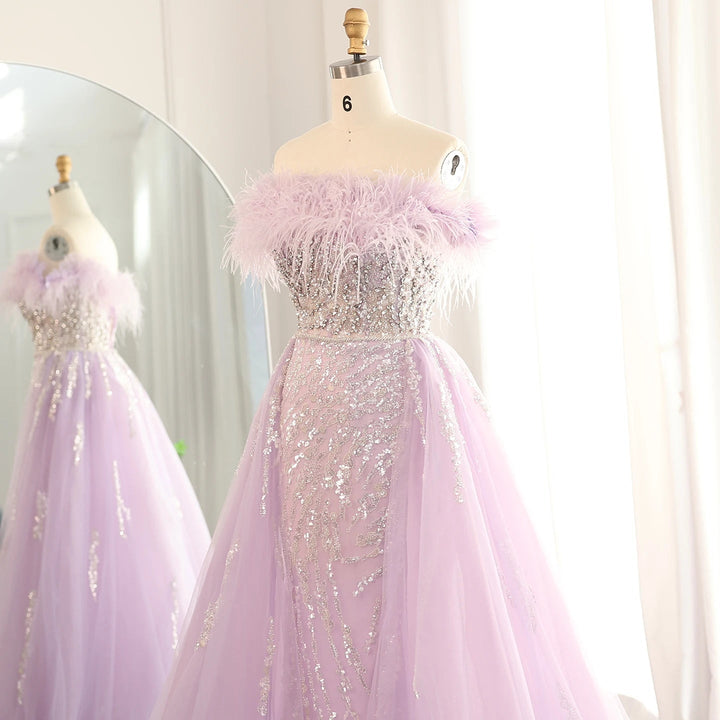 Dubai Feathers Lilac Evening Dress with Overskirt SS252