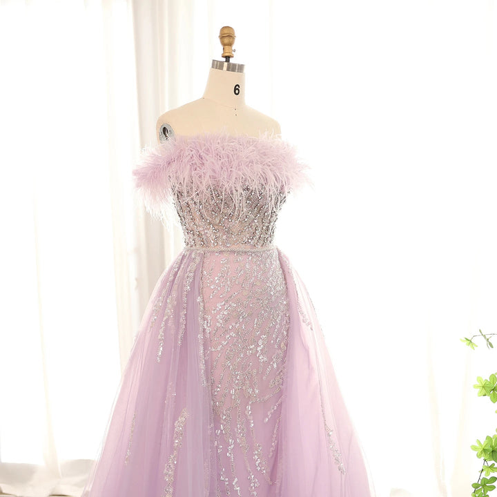 Dubai Feathers Lilac Evening Dress with Overskirt SS252