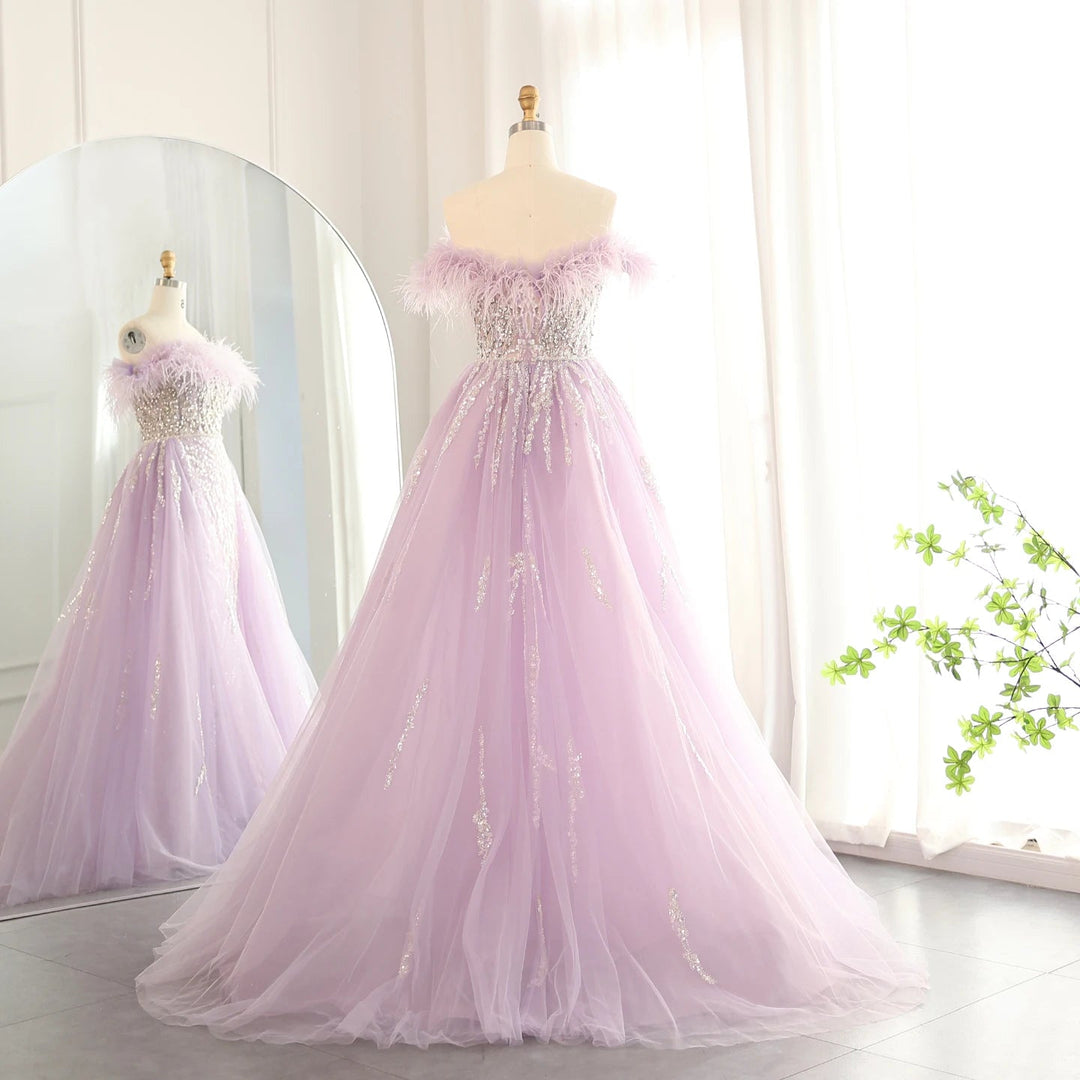 Dubai Feathers Lilac Evening Dress with Overskirt SS252