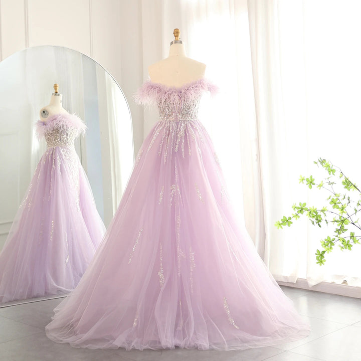 Dubai Feathers Lilac Evening Dress with Overskirt SS252