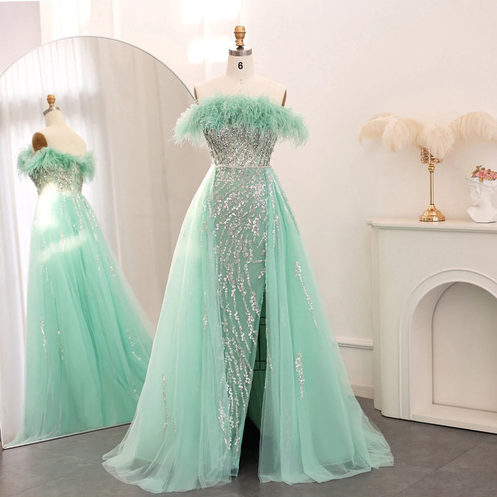 Dubai Feathers Lilac Evening Dress with Overskirt SS252
