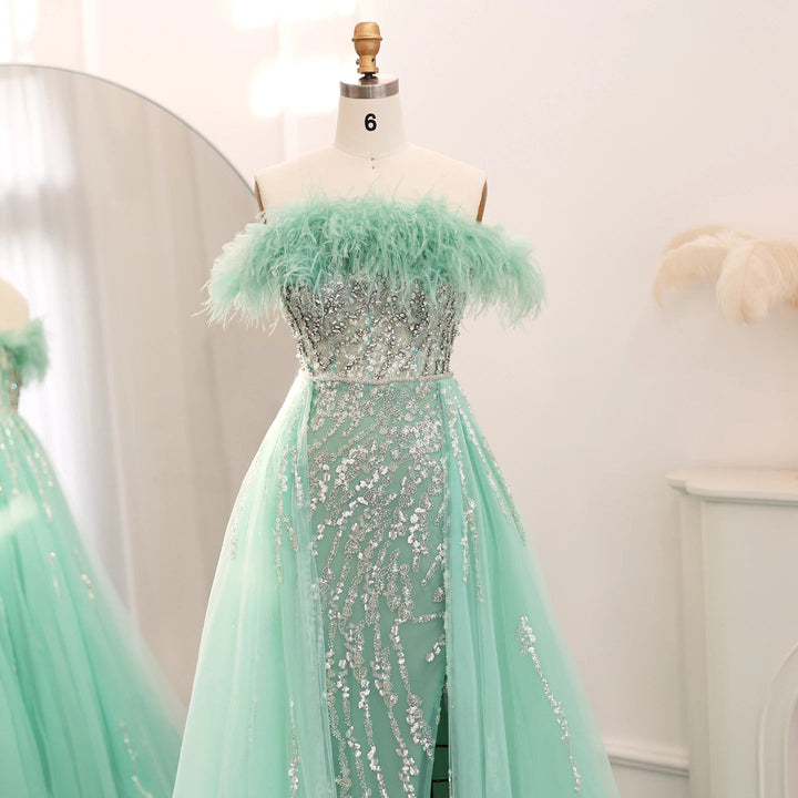 Dubai Feathers Lilac Evening Dress with Overskirt SS252