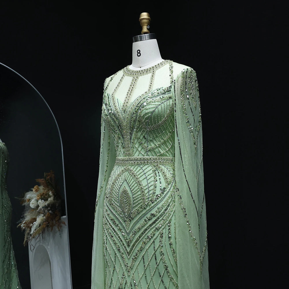 Dubai Green Mermaid Evening Dress with Cape Sleeves SS042