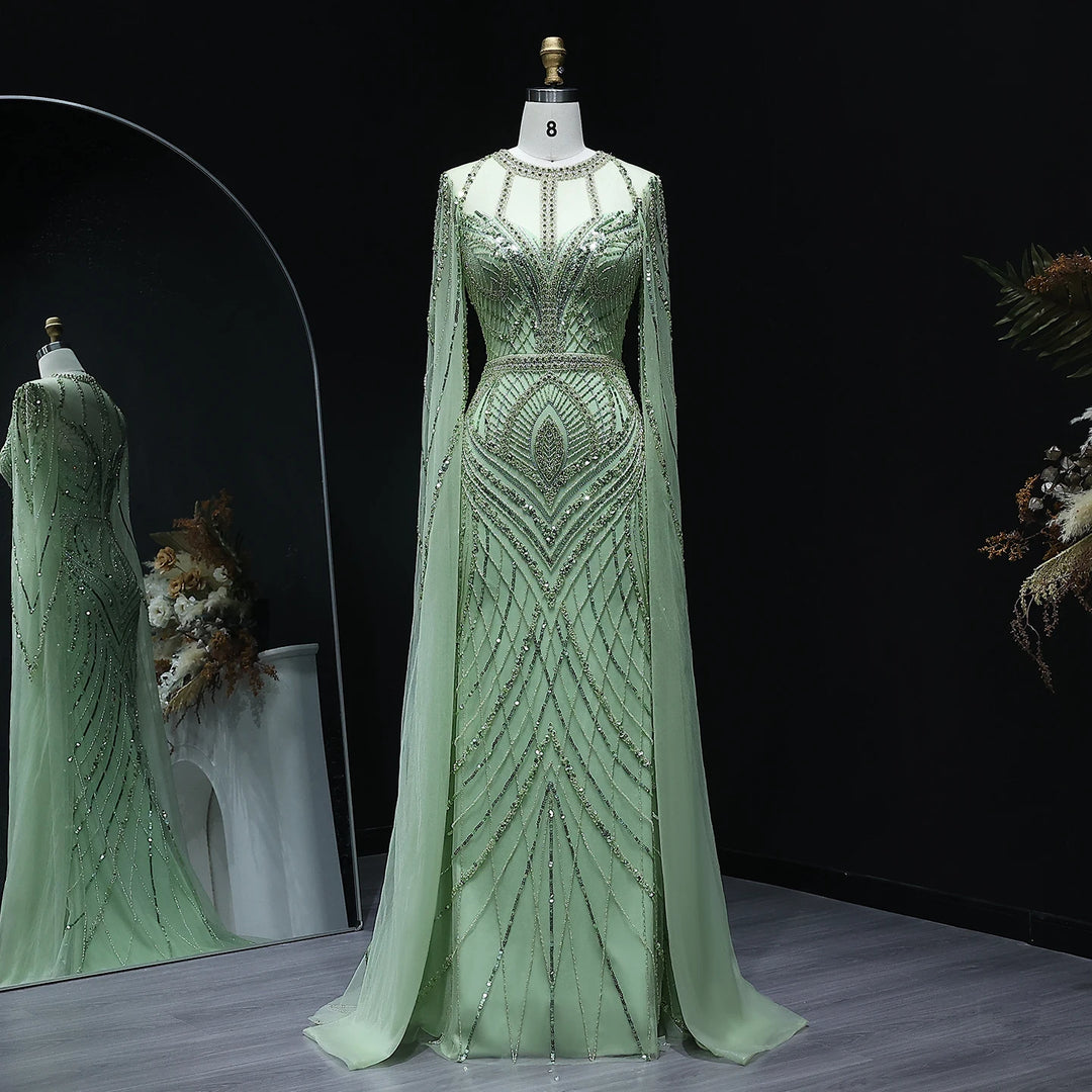 Dubai Green Mermaid Evening Dress with Cape Sleeves SS042