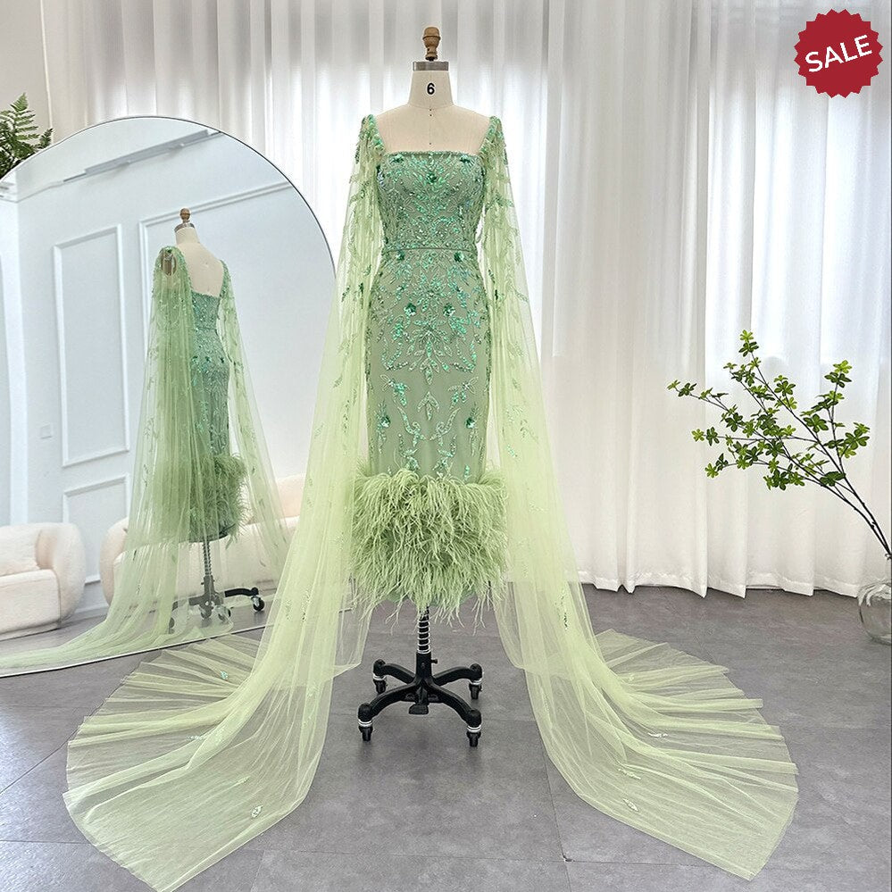 Dubai Luxury Feathers Lilac Evening Dress with Cape Sleeves SS381