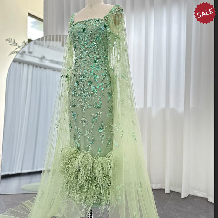 Dubai Luxury Feathers Lilac Evening Dress with Cape Sleeves SS381