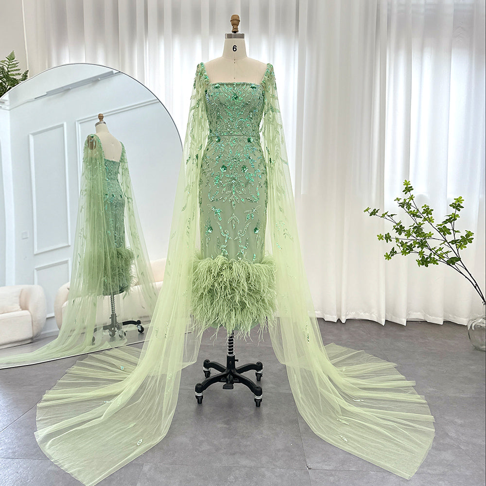 Dubai Luxury Feathers Lilac Evening Dress with Cape Sleeves SS381