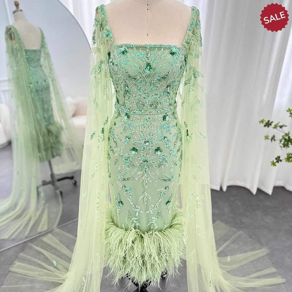 Dubai Luxury Feathers Lilac Evening Dress with Cape Sleeves SS381