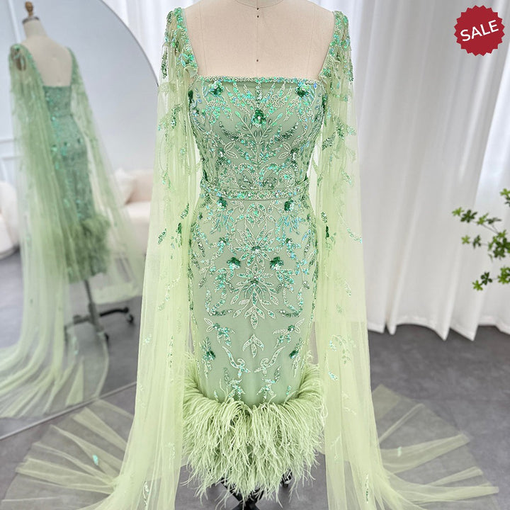 Dubai Luxury Feathers Lilac Evening Dress with Cape Sleeves SS381