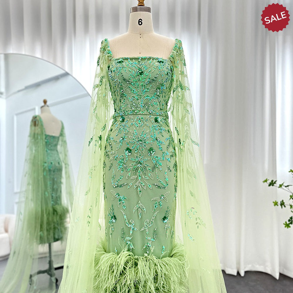 Dubai Luxury Feathers Lilac Evening Dress with Cape Sleeves SS381