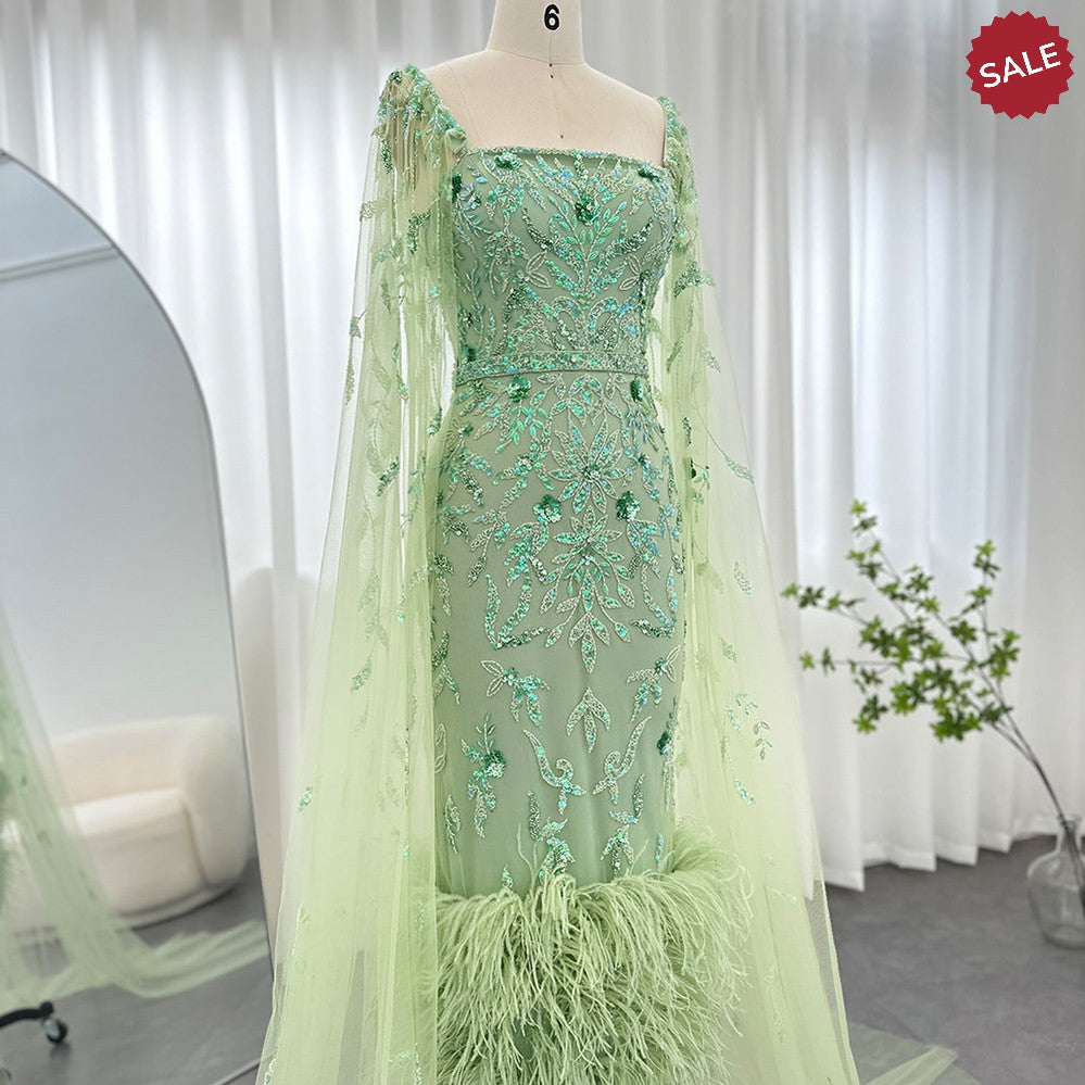 Dubai Luxury Feathers Lilac Evening Dress with Cape Sleeves SS381