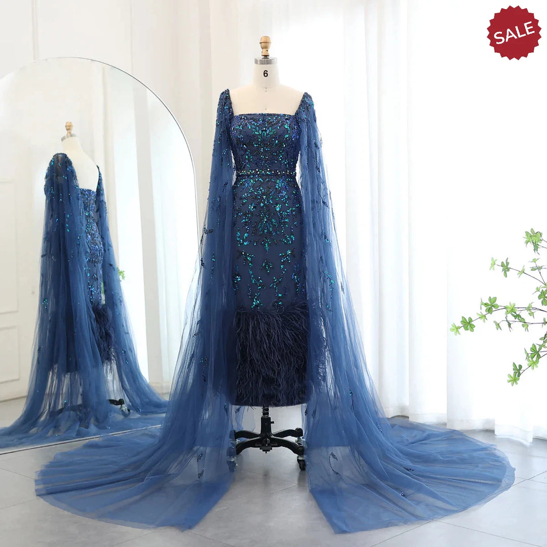 Dubai Luxury Feathers Lilac Evening Dress with Cape Sleeves SS381