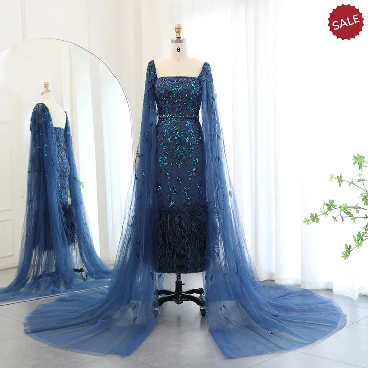 Dubai Luxury Feathers Lilac Evening Dress with Cape Sleeves SS381