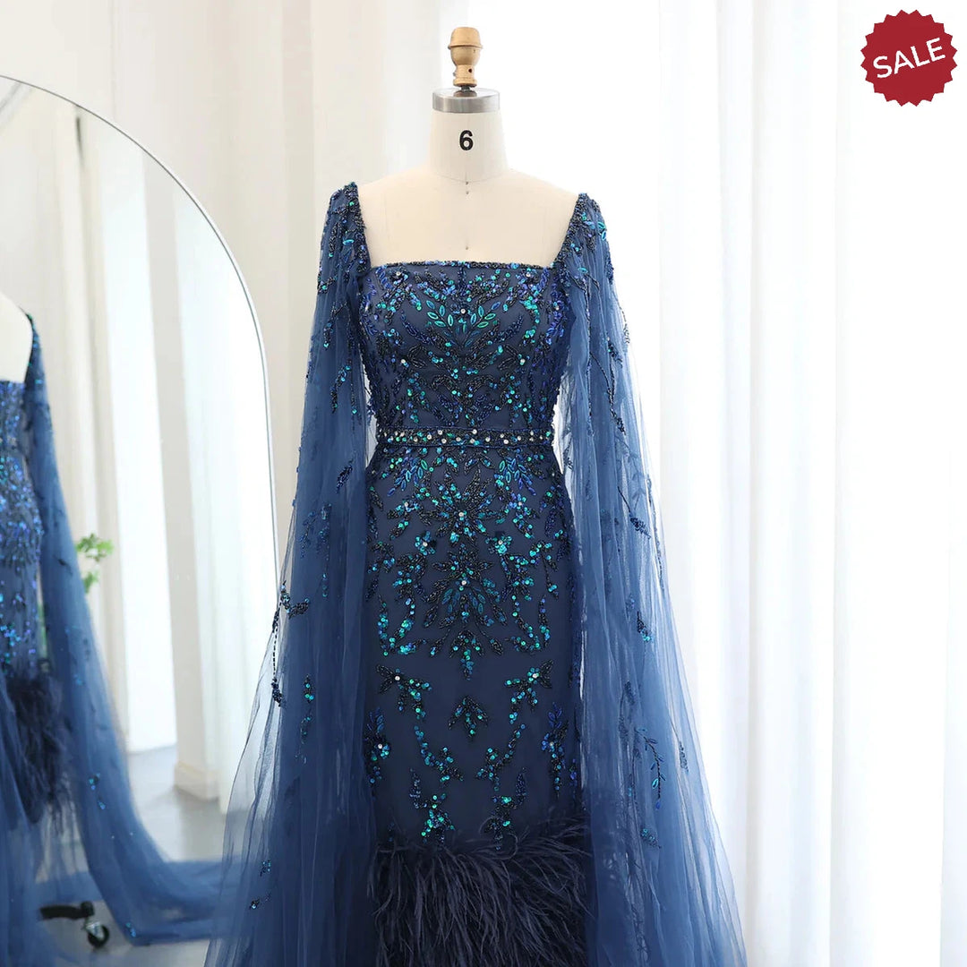Dubai Luxury Feathers Lilac Evening Dress with Cape Sleeves SS381