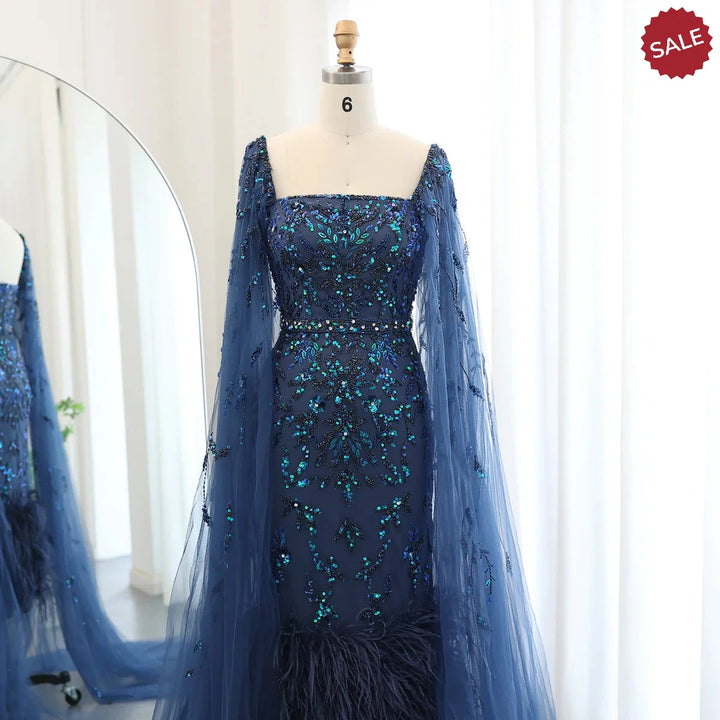 Dubai Luxury Feathers Lilac Evening Dress with Cape Sleeves SS381