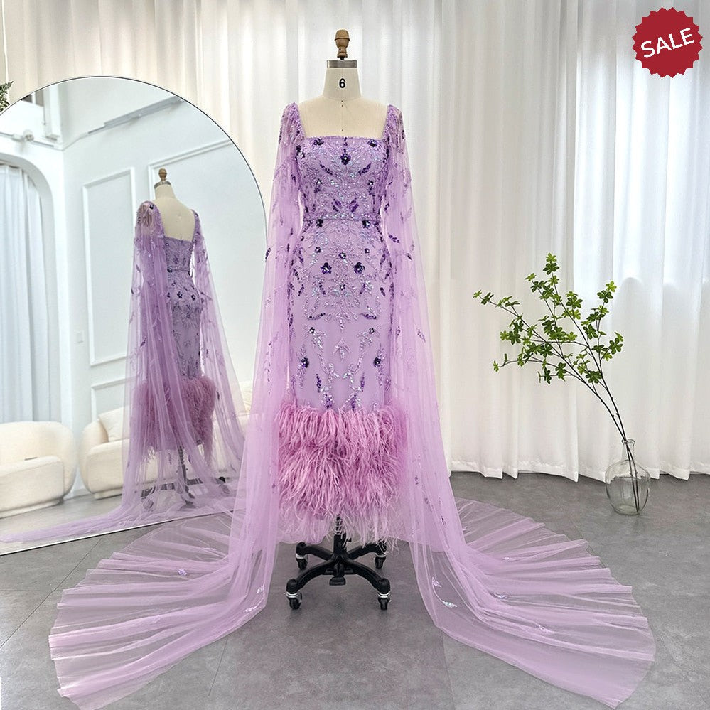 Dubai Luxury Feathers Lilac Evening Dress with Cape Sleeves SS381