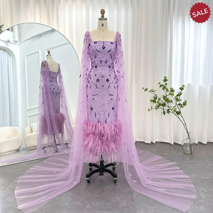 Dubai Luxury Feathers Lilac Evening Dress with Cape Sleeves SS381