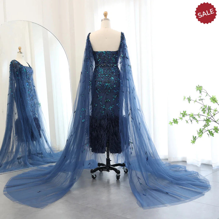 Dubai Luxury Feathers Lilac Evening Dress with Cape Sleeves SS381