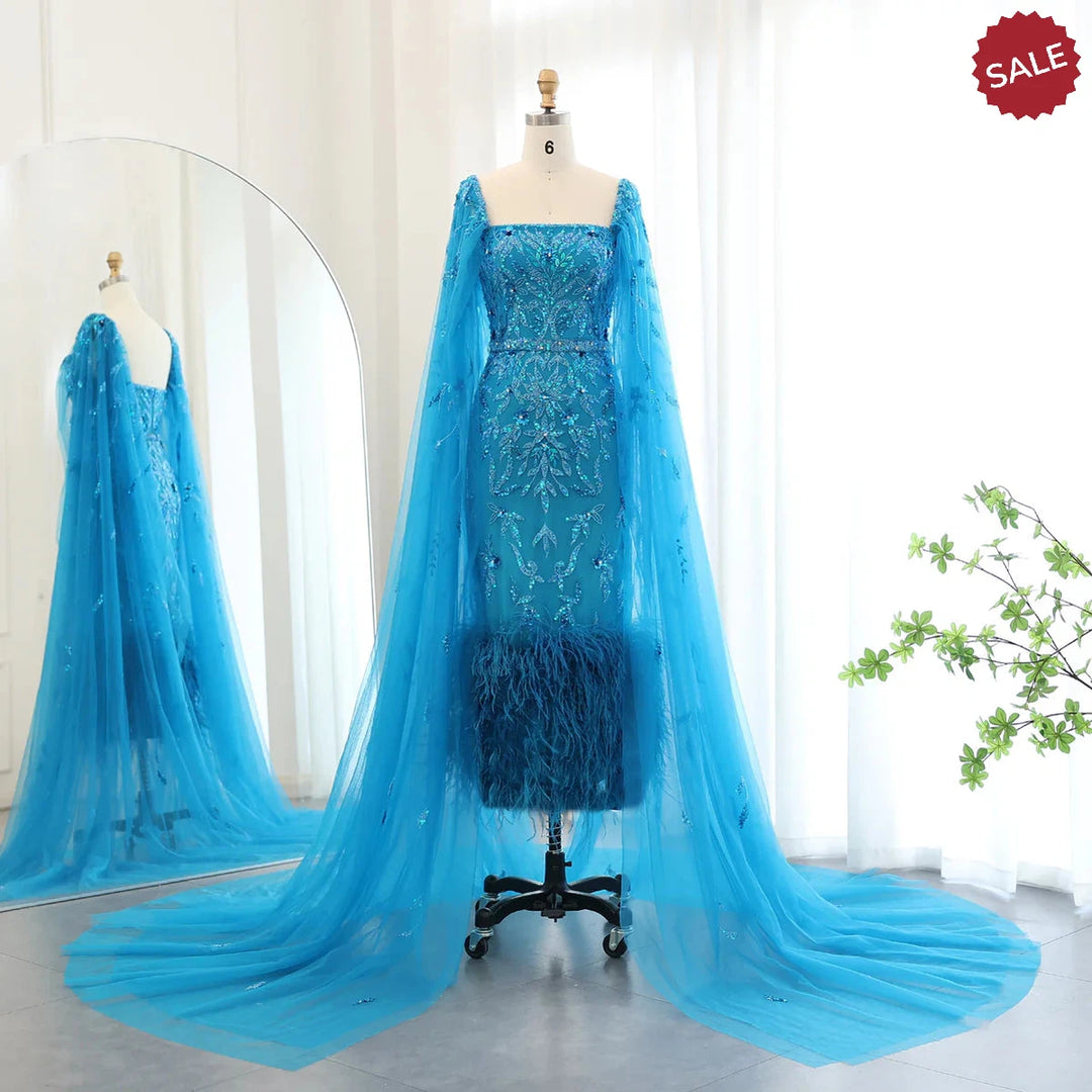 Dubai Luxury Feathers Lilac Evening Dress with Cape Sleeves SS381