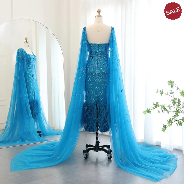 Dubai Luxury Feathers Lilac Evening Dress with Cape Sleeves SS381