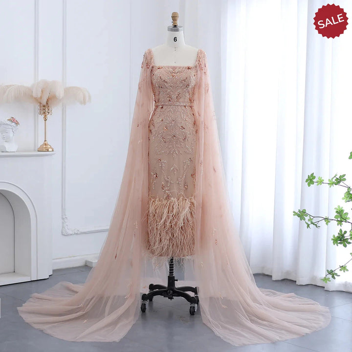 Dubai Luxury Feathers Lilac Evening Dress with Cape Sleeves SS381