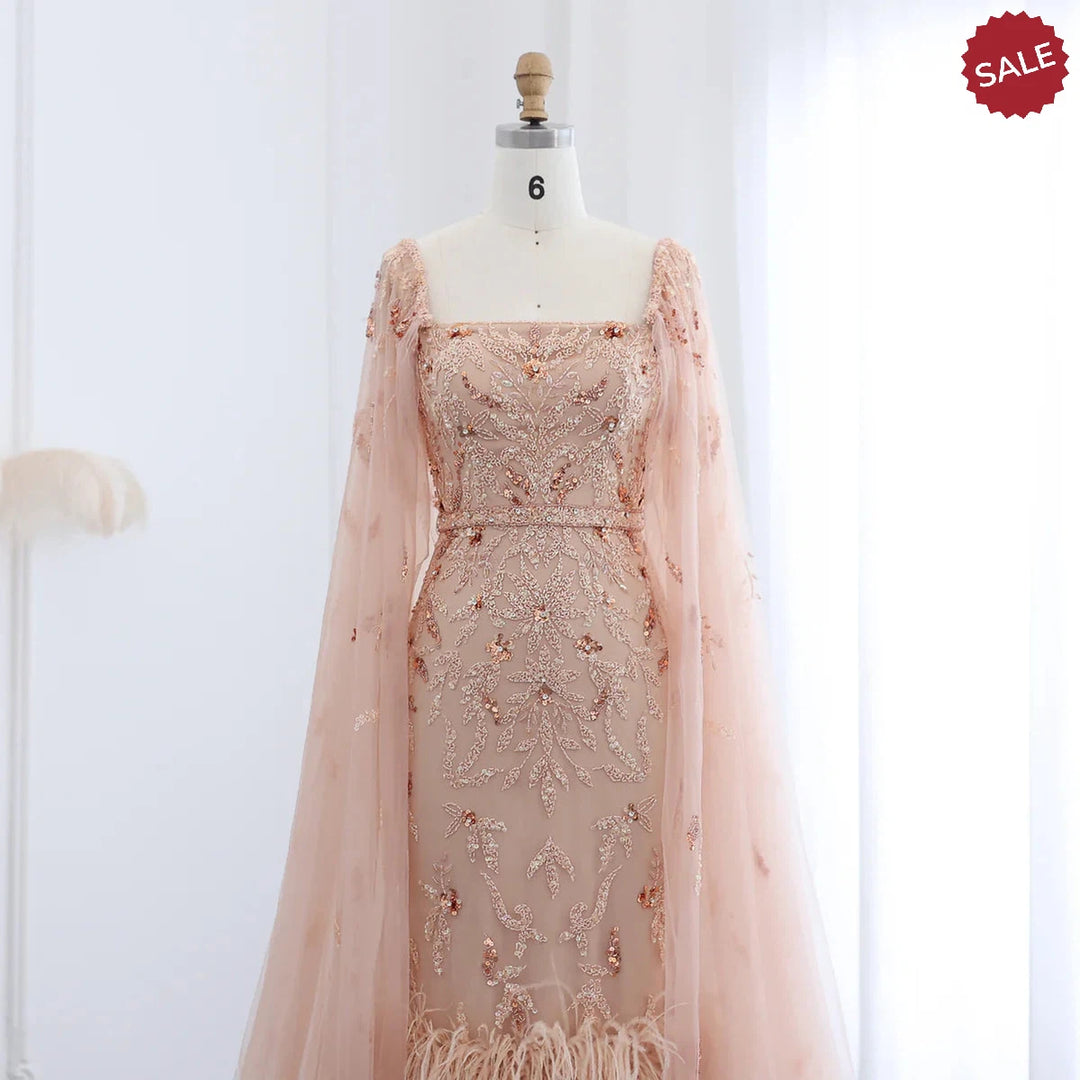 Dubai Luxury Feathers Lilac Evening Dress with Cape Sleeves SS381
