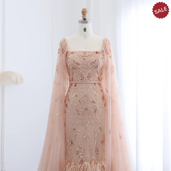 Dubai Luxury Feathers Lilac Evening Dress with Cape Sleeves SS381