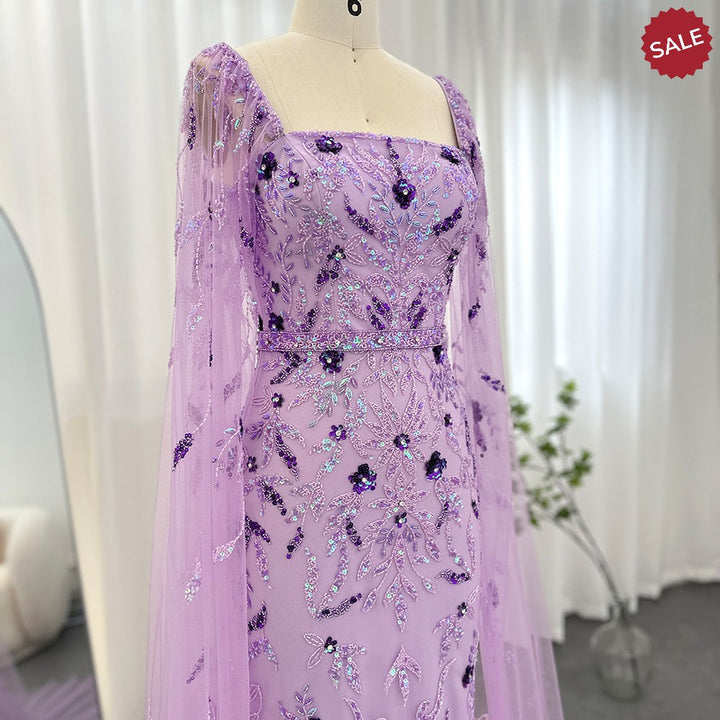 Dubai Luxury Feathers Lilac Evening Dress with Cape Sleeves SS381