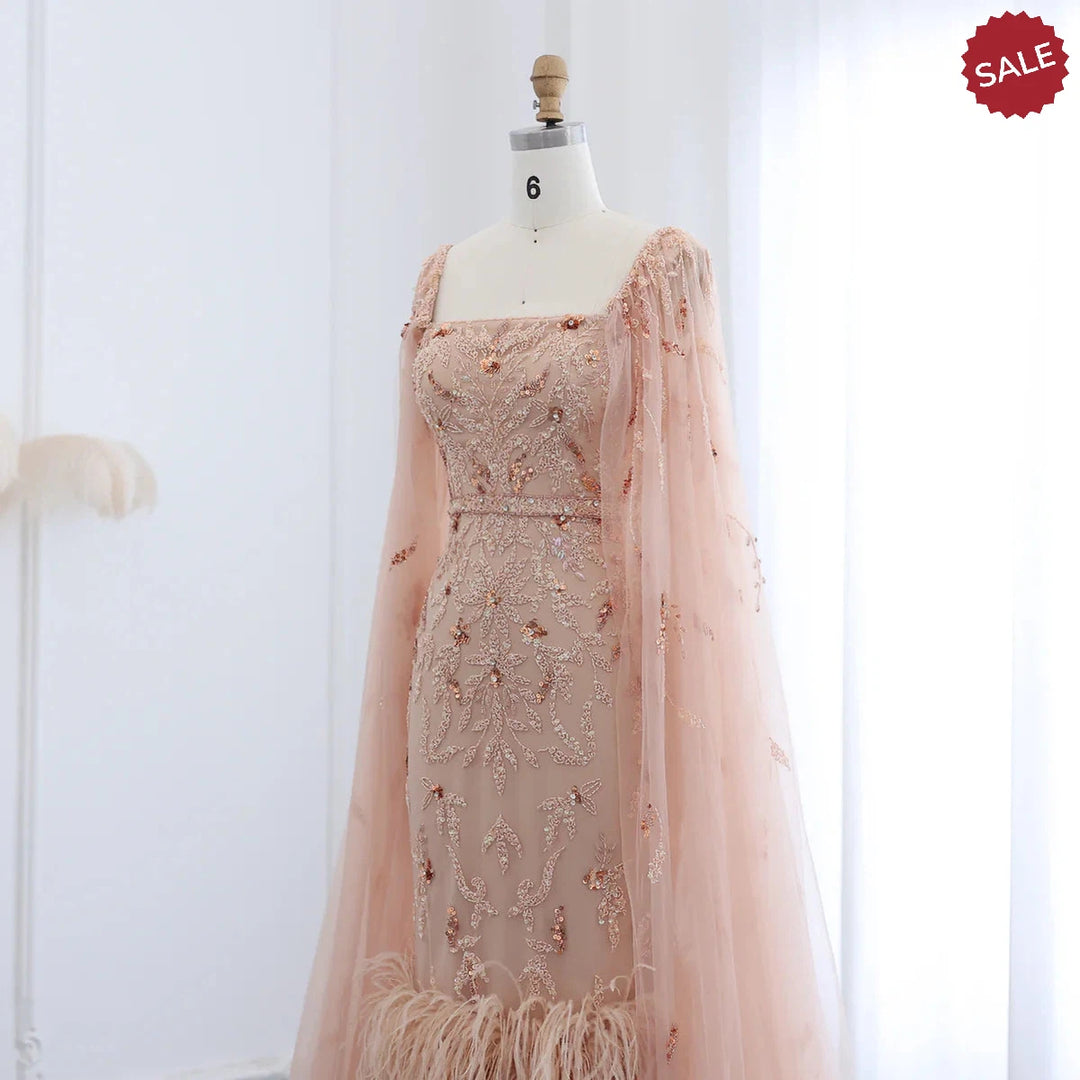 Dubai Luxury Feathers Lilac Evening Dress with Cape Sleeves SS381