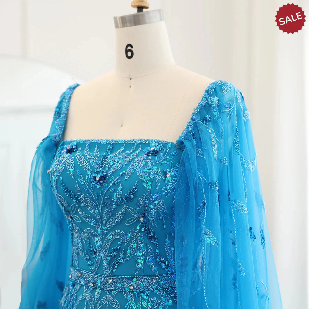 Dubai Luxury Feathers Lilac Evening Dress with Cape Sleeves SS381