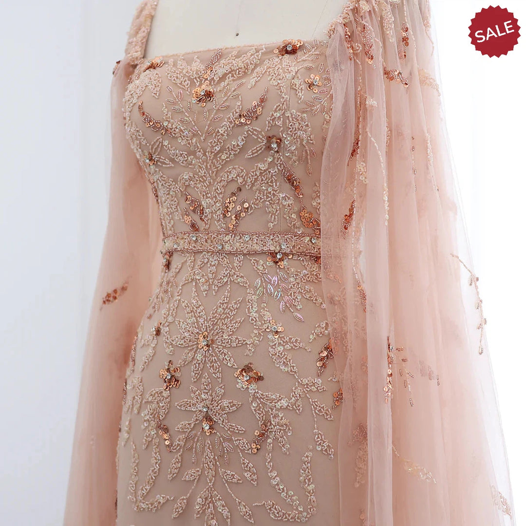 Dubai Luxury Feathers Lilac Evening Dress with Cape Sleeves SS381
