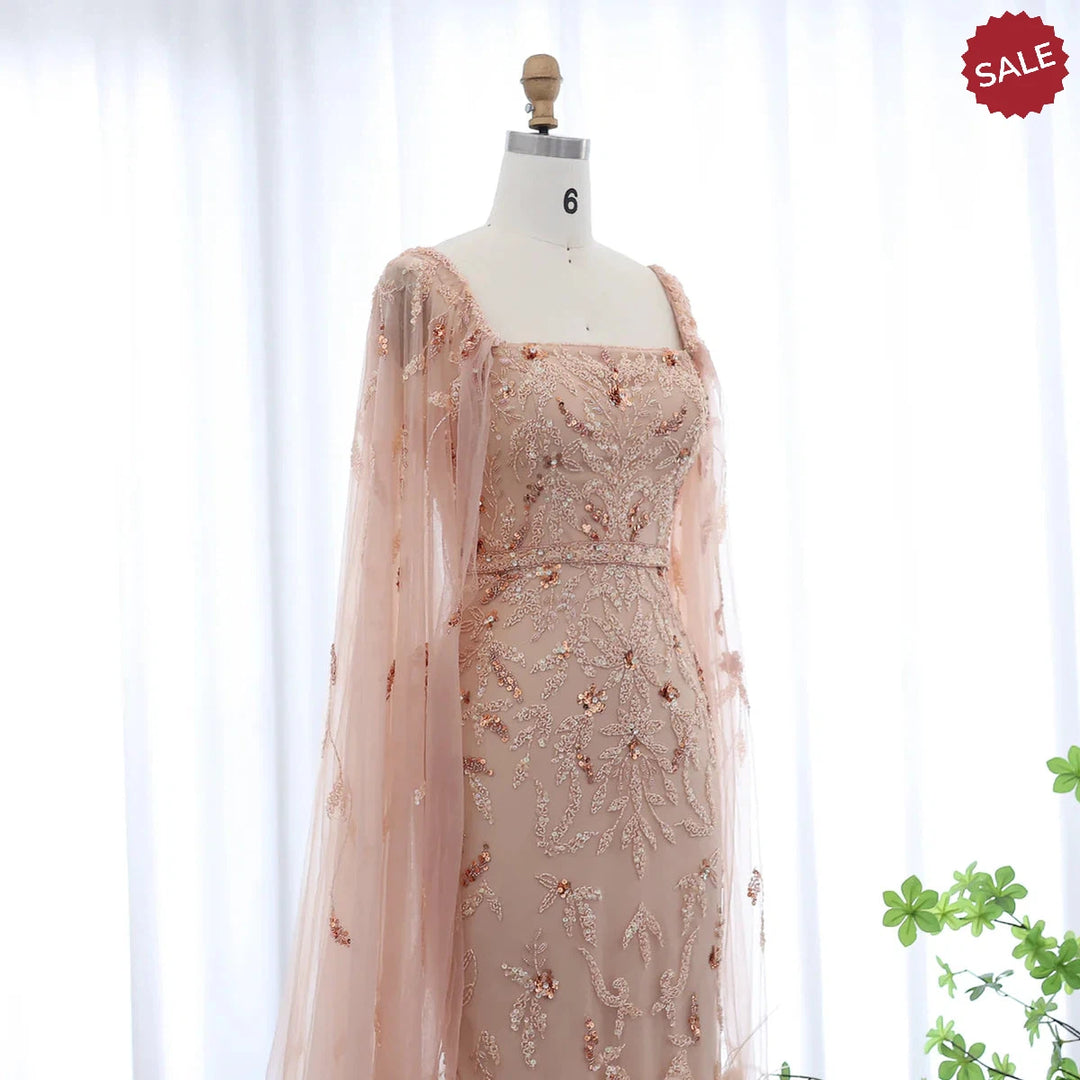 Dubai Luxury Feathers Lilac Evening Dress with Cape Sleeves SS381