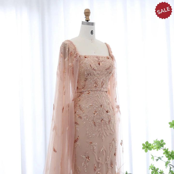Dubai Luxury Feathers Lilac Evening Dress with Cape Sleeves SS381