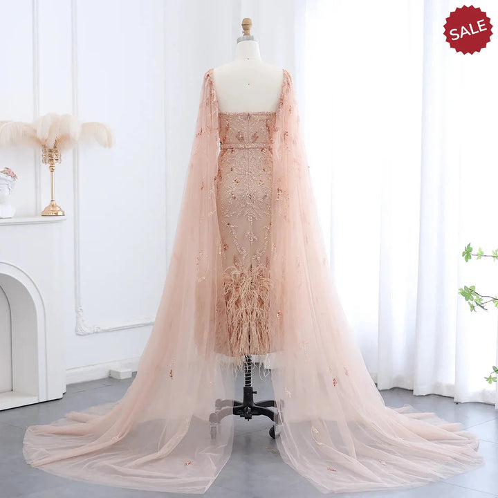 Dubai Luxury Feathers Lilac Evening Dress with Cape Sleeves SS381
