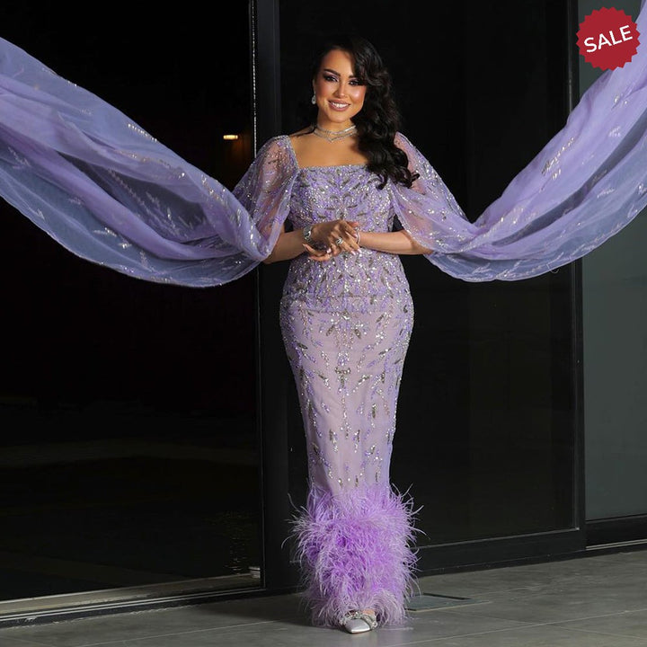 Dubai Luxury Feathers Lilac Evening Dress with Cape Sleeves SS381