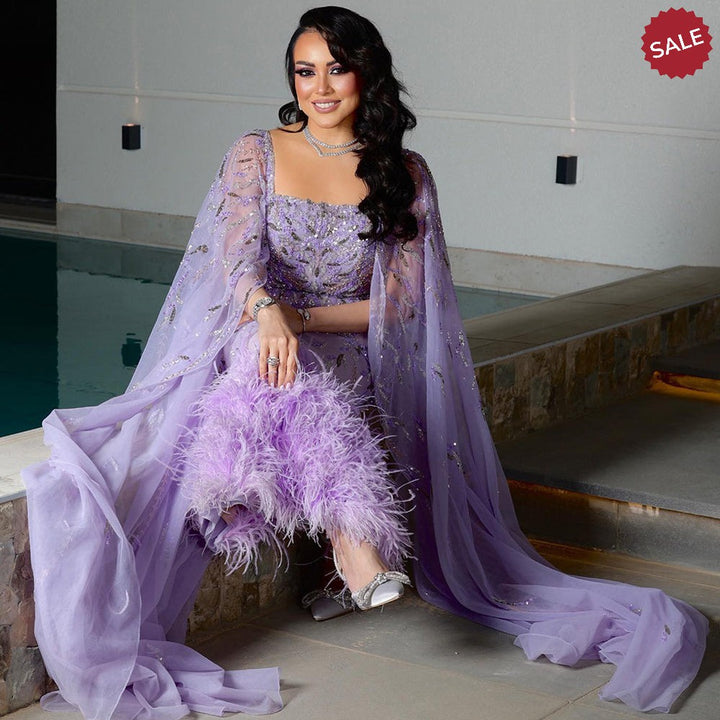 Dubai Luxury Feathers Lilac Evening Dress with Cape Sleeves SS381