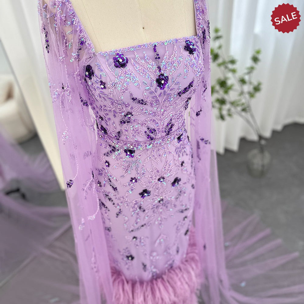 Dubai Luxury Feathers Lilac Evening Dress with Cape Sleeves SS381