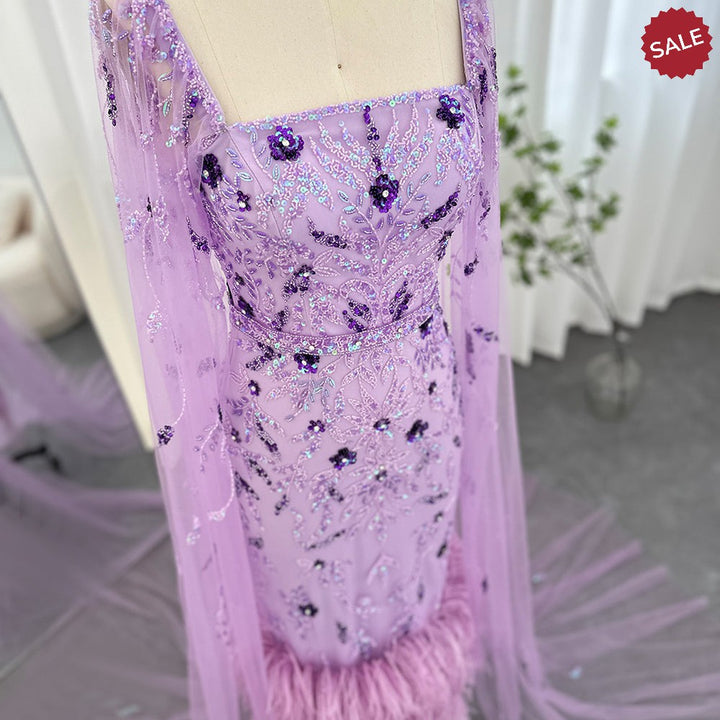 Dubai Luxury Feathers Lilac Evening Dress with Cape Sleeves SS381