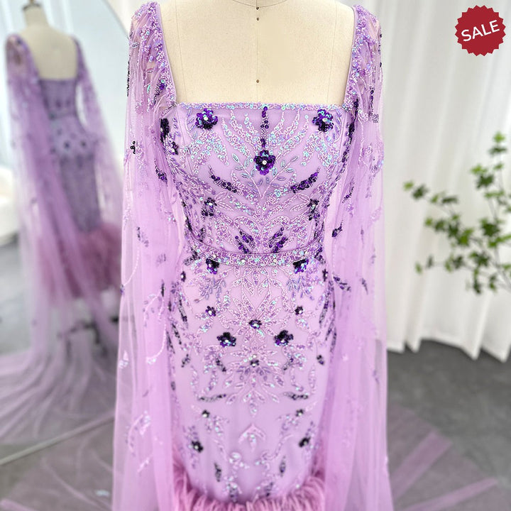 Dubai Luxury Feathers Lilac Evening Dress with Cape Sleeves SS381