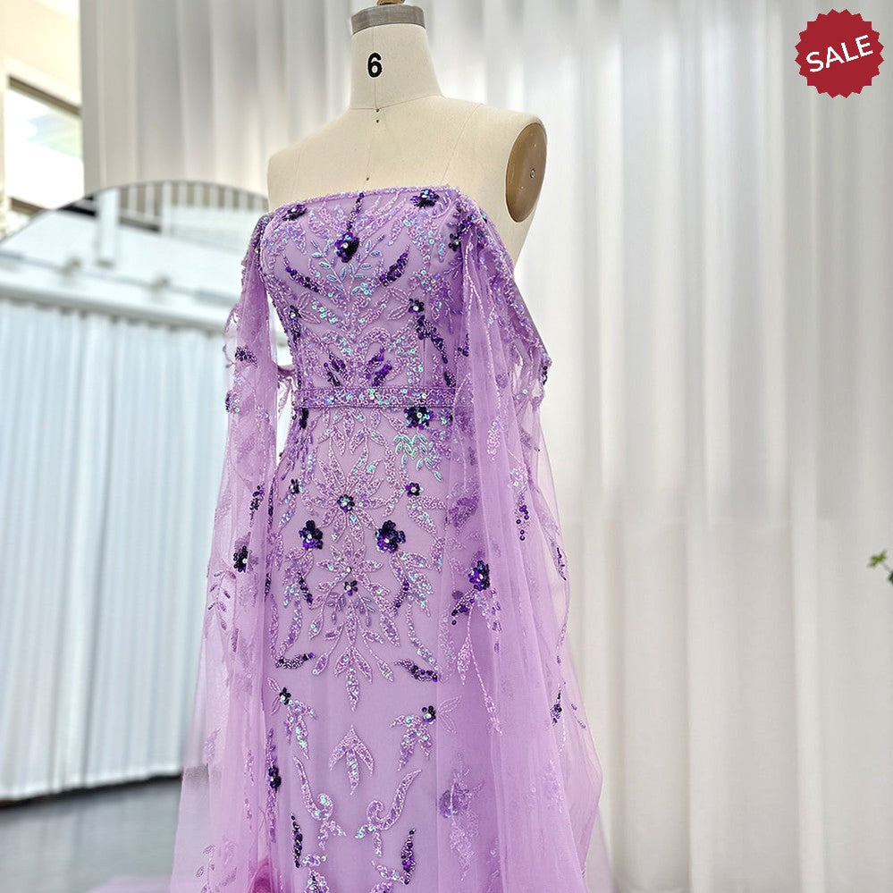 Dubai Luxury Feathers Lilac Evening Dress with Cape Sleeves SS381