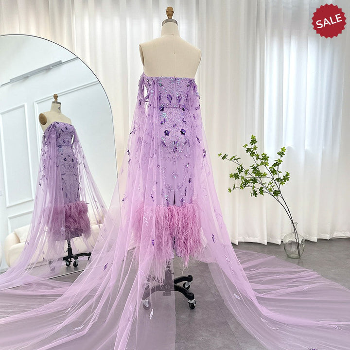 Dubai Luxury Feathers Lilac Evening Dress with Cape Sleeves SS381