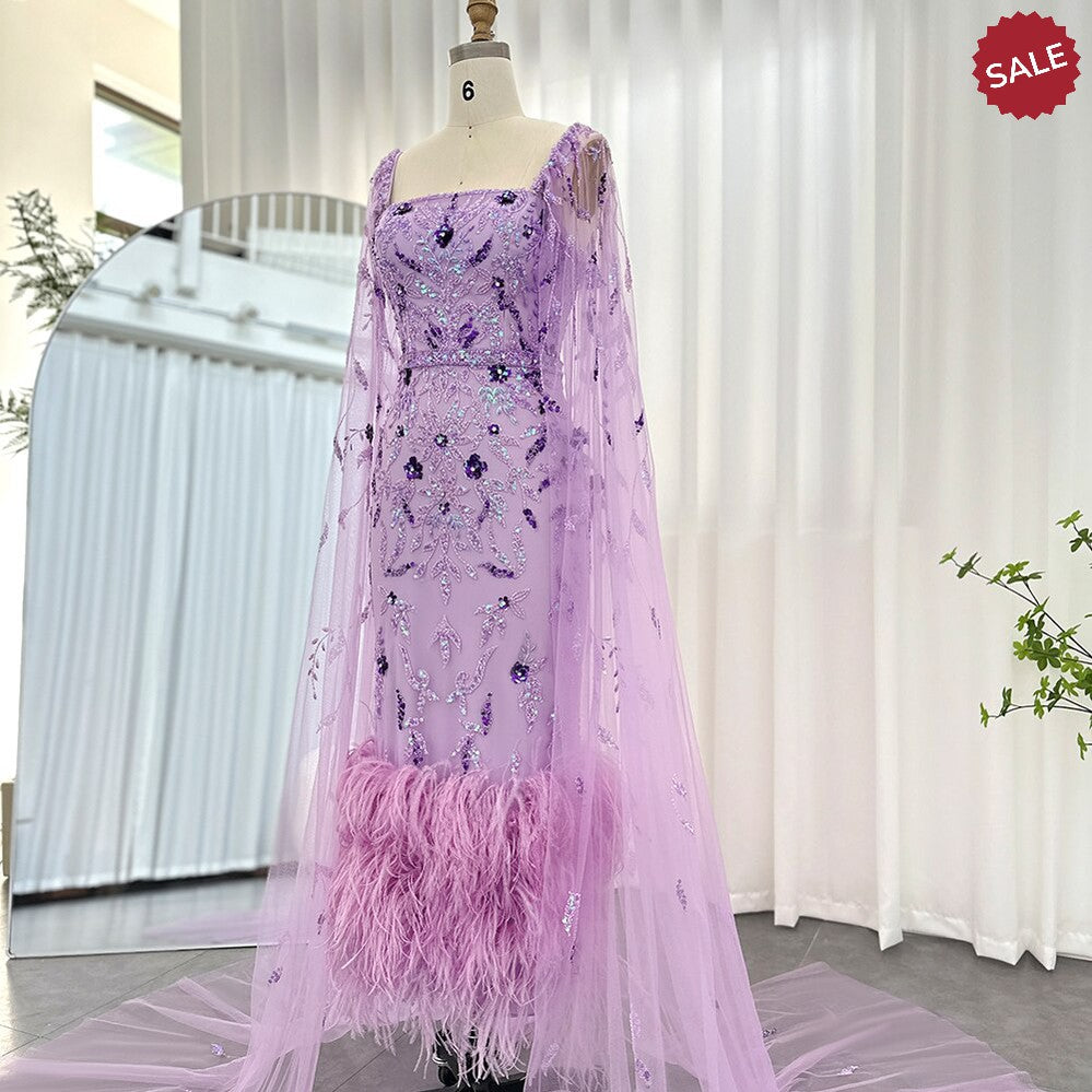 Dubai Luxury Feathers Lilac Evening Dress with Cape Sleeves SS381