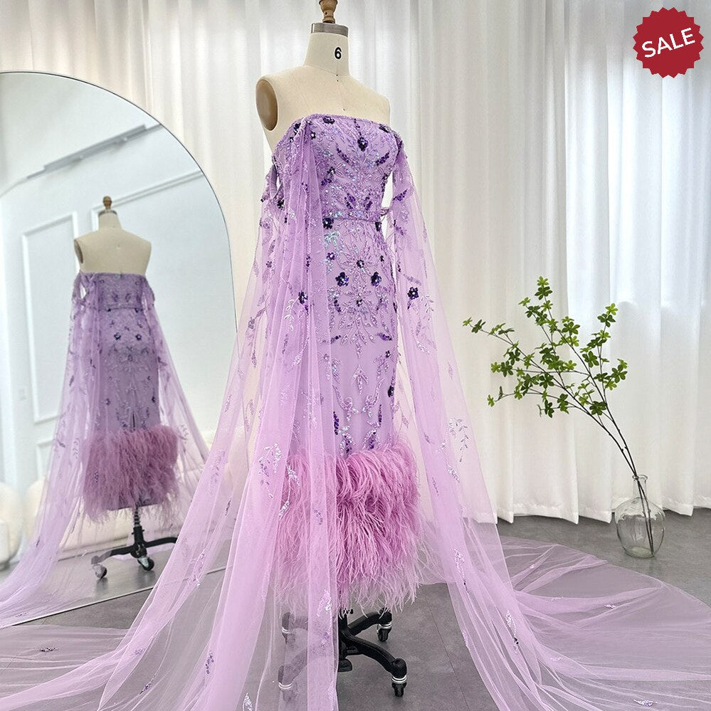 Dubai Luxury Feathers Lilac Evening Dress with Cape Sleeves SS381