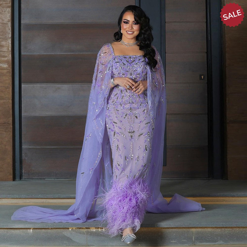 Dubai Luxury Feathers Lilac Evening Dress with Cape Sleeves SS381