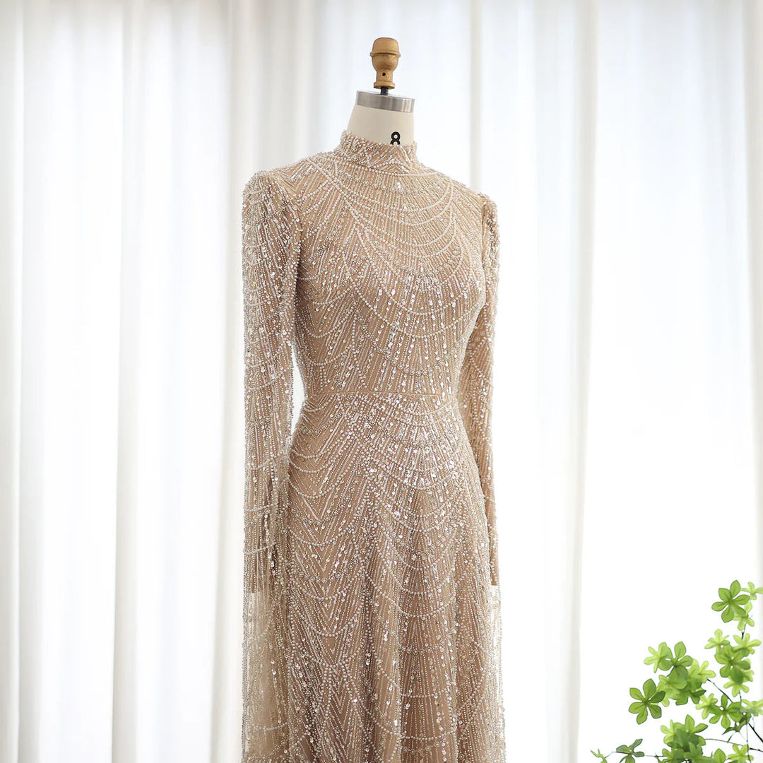 Dubai Sage Green Muslim Evening Dress High Neck Women Wedding Party SS630