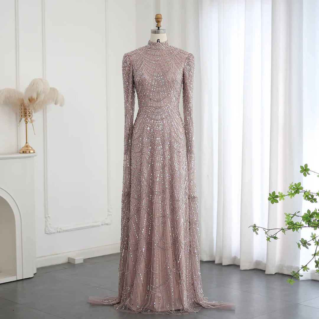 Dubai Sage Green Muslim Evening Dress High Neck Women Wedding Party SS630