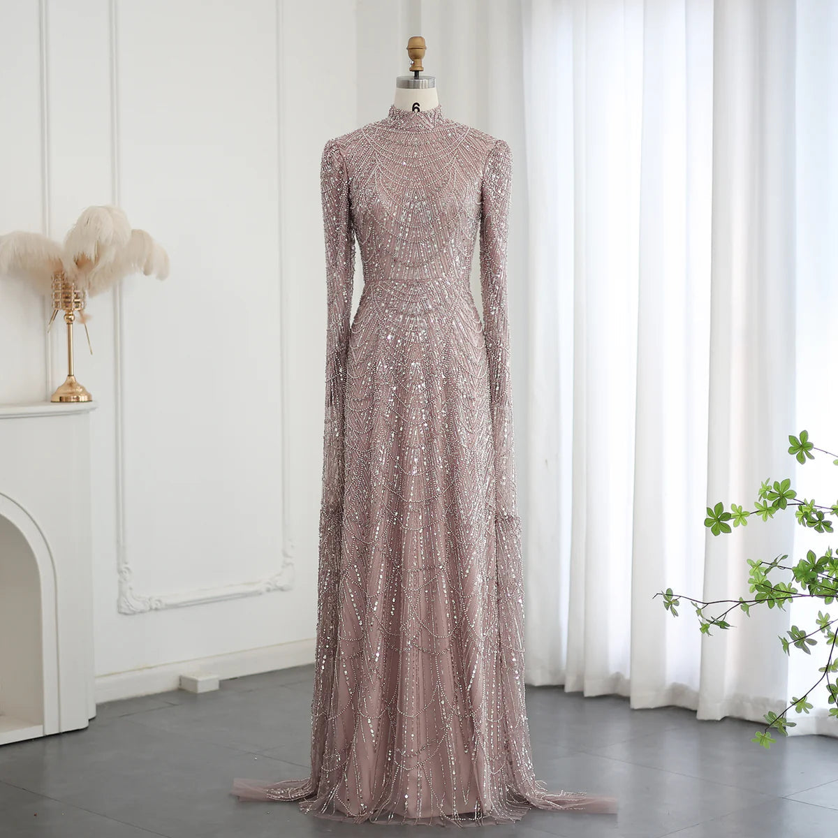 Dubai Sage Green Muslim Evening Dress High Neck Women Wedding Party SS630