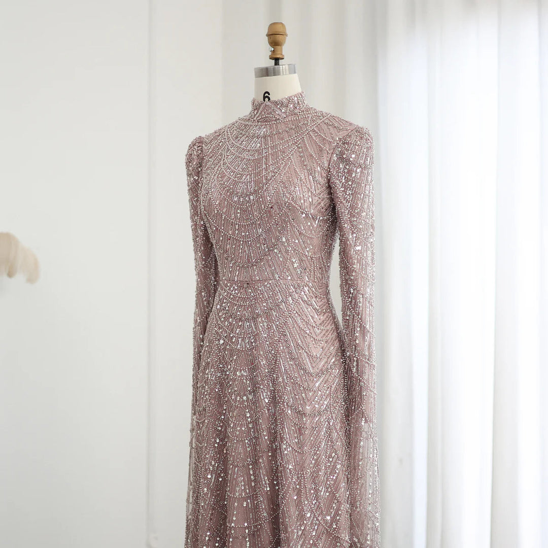 Dubai Sage Green Muslim Evening Dress High Neck Women Wedding Party SS630