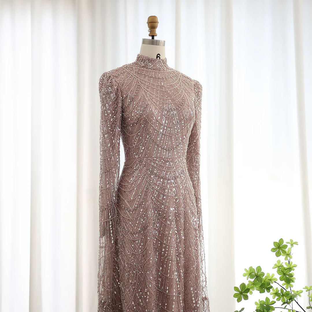 Dubai Sage Green Muslim Evening Dress High Neck Women Wedding Party SS630