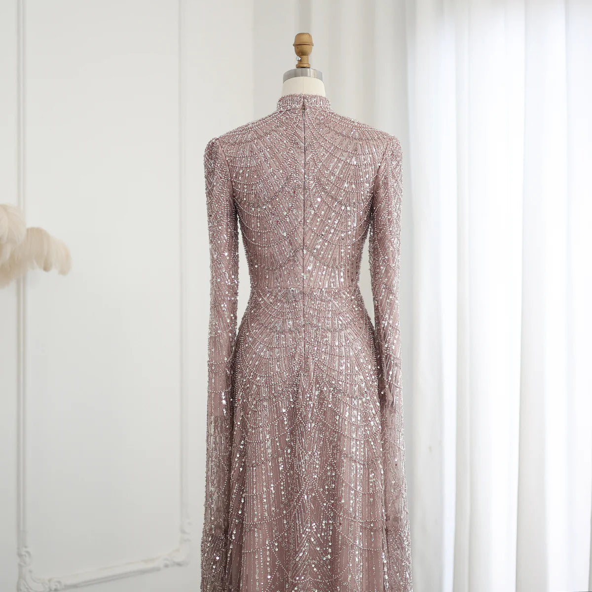 Dubai Sage Green Muslim Evening Dress High Neck Women Wedding Party SS630